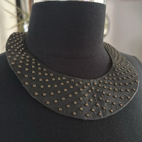 Leather Elegant Black Studded Necklace - Picture 3 of 5